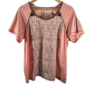 Size: X - Peach/Pink/Grey Athletic T-Shirt w/ Geometric Striped Print